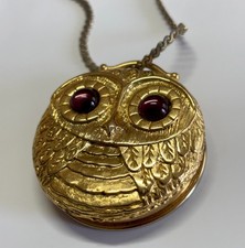 VINTAGE 1960s REVLON INTIMATE OWL COMPACT PERFUME, PENDANT, PILL BOX, GOLDTONE picture