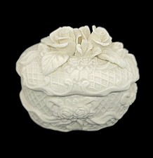 Vtg Oval Floral Jewelry Trinket Box Ivory Ceramic Bisque 3D Roses Victorian GRS picture