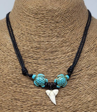 Fossil Shark Tooth Necklace with Turtle Beads – Handmade Surfer Pendant – Hawaii picture