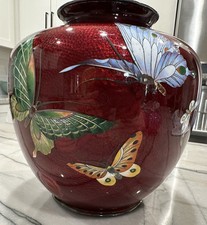Pigeon Blood Cloisonné Silver Wired Butterflies  Decorated Vase 7 1/2 Inch tall picture