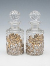 Antique Baccarat Art Nouveau Silver Plated Overlay Perfume Bottles Pair picture