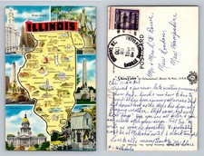 Illinois State Map, Greetings Illinois Landmarks Route Vintage c1961 Postcard picture