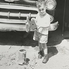Vintage B&W Snapshot Photograph Adorable Boy Kodak Brownie Camera No 2 Car picture