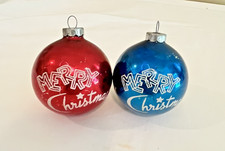 2 Vintage Stencil Ornaments Merry Christmas Atomic Text MCM Blue & Red picture