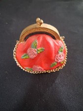 Vintage miniature resin coin purse features gold chain and painted roses picture
