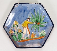 c.1920/30's Tlaquepaque Mexican Pulque Washy Blue Hexagon Pottery Plate picture