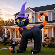 14FT Halloween Inflatable Black Cat with Witch Hat & Pumpkin Decor picture