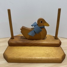 VTG Wood Napkin Holder Adjustable Weighted Bar Duck w/Blue White Polka Dot Bow picture