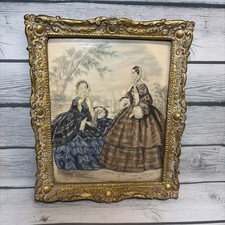 FANTASTIC VICTORIAN GOLD LEAF PLASTER PICTURE FRAME w ORIG. FRENCH FASHION PRINT picture