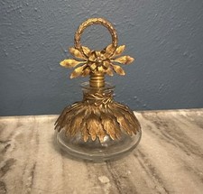 Vintage gold-plate Ormolu Leaf Decorated Glass Perfume Bottle picture
