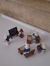 Vtg 80's Super Smurfs Lot of 5  -Teachers, Students, 2 Desk. ChalkBoard, & Apple picture