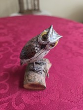 Vtg Hand Carved Wood Owl Figurine Signed Natural Bark Log Base Glass Eyes ~3