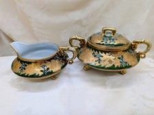 Antique 1800s Sugar Creamer Raised Gold Encrusted Floral Footed Porcelain Green picture