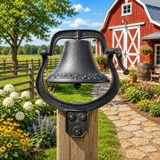 Large Vintage Cast Iron Dinner Bell, Antique Farmhouse Wall Mount Hand Bell for picture