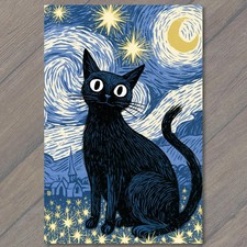 POSTCARD Black Cat Starry Night Sky Moon Sparkles Village Mystic Surreal Fantasy picture