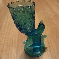 Antique Blue EAPG Columbia Glass Dog Cornucopia Vase Daisy Button Nice  picture