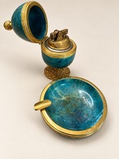 Vintage Evans Turquoise Enamel Egg Table Lighter Ashtray Set Brass MCM picture
