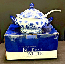 Cracker Barrel Blue White Floral Porcelain Soup Tureen w/Ladle & Lid-NIB-Retired picture