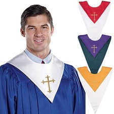 White & Gold Poly Satin Reversible Choir Church Stole With Cross Design picture