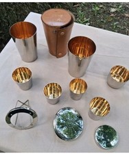 Vintage 10pc Metal Cocktail Shaker Bar Set w/ Shot Glasses Strainer Case WWII picture