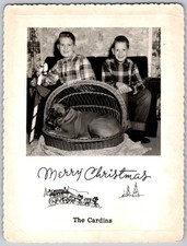 Vtg B&W Snapshot Boys Plaid Shirts Boxer Dog Basket Merry Christmas Card 1950s picture