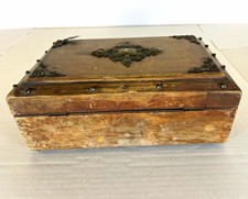 Vintage Victorian Brown Wooden Storage Box w/ Metal Accents Hinged Lid Latch picture
