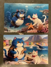 POSTCARD Blue Cat Cartoon Style Whimsical Colorful Playful Beach lot of 2 picture