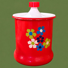 Vintage Red Plastic Thermos Jug with White Lid, Floral Flower Design picture