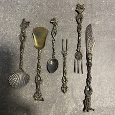 Set of 7 Curious Ornate Antique Cutlery Knife Forks Spoons Collectible Flatware picture