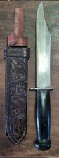Vintage Fixed Blade Hunting Knife Clip Point Hand Tooled Floral Leather Sheath picture