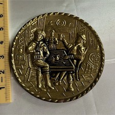 Vintage English Brass Tavern Pub Scene Wall Hanging Plate Repousse 6