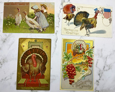 4 Vintage Thanksgiving Postcards Lot: Antique 1909 Embossed Turkey Patriotic picture