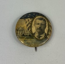 1904 Teddy Roosevelt White House President Political Campaign Button Pin Flag picture