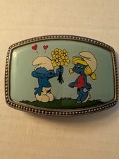 Vintage 1980s Smurfs Smurfette Metal Belt Buckle Peyo Flower Hearts Cartoon VTG picture