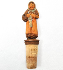 Vtg Hand Carved Wood Bottle Stopper Cork Peasant Lady Old Woman Full Body picture