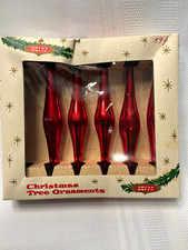 5 Vtg Shiny Brite Red Glass Teardrop Christmas Tree Ornaments 4” w/box Japan picture