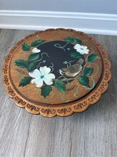 VTG Hand-Painted Floral Bird Wooden Cake Stand Base Brown and Green picture