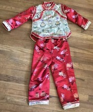 Vtg 70s Asian Traditional Style 2pc Silk Suit Costume Unisex Top+Bottom Size 12 picture