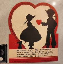 Vtg 1930s E Rosen Valentine Card Lollipop Holder Silhouette Boy Girl Heart Pop picture