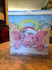 Vintage Metal Popcorn Advertising Angel Pig w/ Santa hat Design Blue 1999 picture