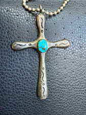 Large Native American Sterling Silver Turquoise Cross With Chain Gorgeous picture