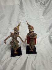 Vintage Thai Dancer Dolls Pair Handmade Thailand Temple Dance Costume Gold Sequi picture