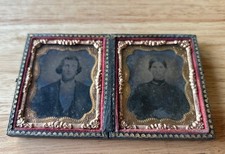 Antique Double 1/9 Plate Ambrotype Photo Pair Husband Wife Victorian Case picture