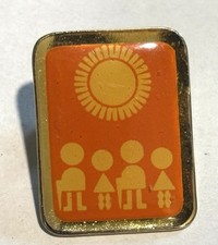 Vintage 1970s Sun People Enamel Pin Retro Orange Yellow Community Lapel Badge picture