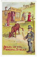Vintage Greetings Postcard Comic Scene On The Principal Street Cop Cow People picture