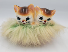 Vintage 2 Kittens In Pink Basket Figurine W/Rabbit Fur Ceramic Kitschy MCM Cat picture