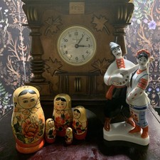 Soviet Lot: Kyiv Figurine, Semyonov Nesting Dolls, Mayak Wood Clock picture