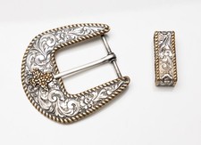 2-Pc Lot Crumrine Texas State Gold Tone & Silver Plate Bronze Belt Loop & Buckle picture