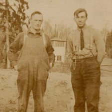 1900s Two Men Blue Collar Farm Overalls Bibs Vintage RPPC B&W White Border AZO picture