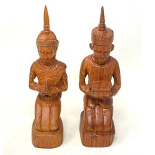 Vintage MCM Hand-carved Wooden Statues Thai Sawasdee Couple Theppanom Namaste picture